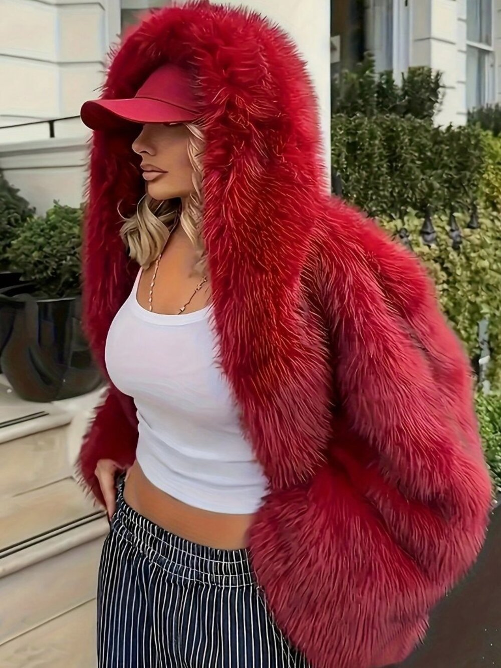 Red Elegant Women's Hooded Faux Fur Coat